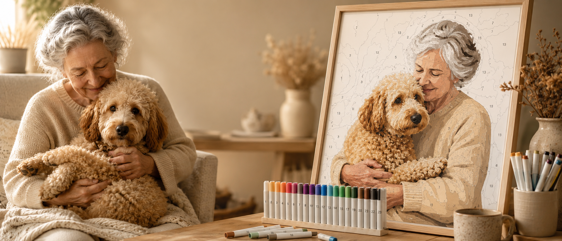 Oma met haar hond naast een gepersonaliseerde kleurplaat op canvas