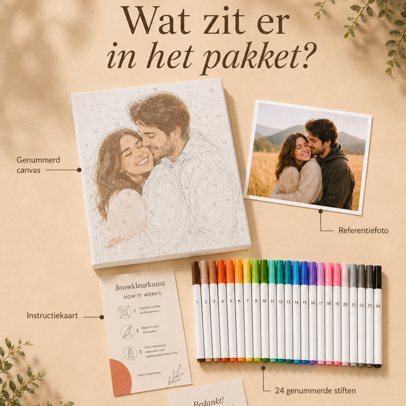 Wat zit er in het pakket — canvas, stiften, instructiekaart en referentiefoto